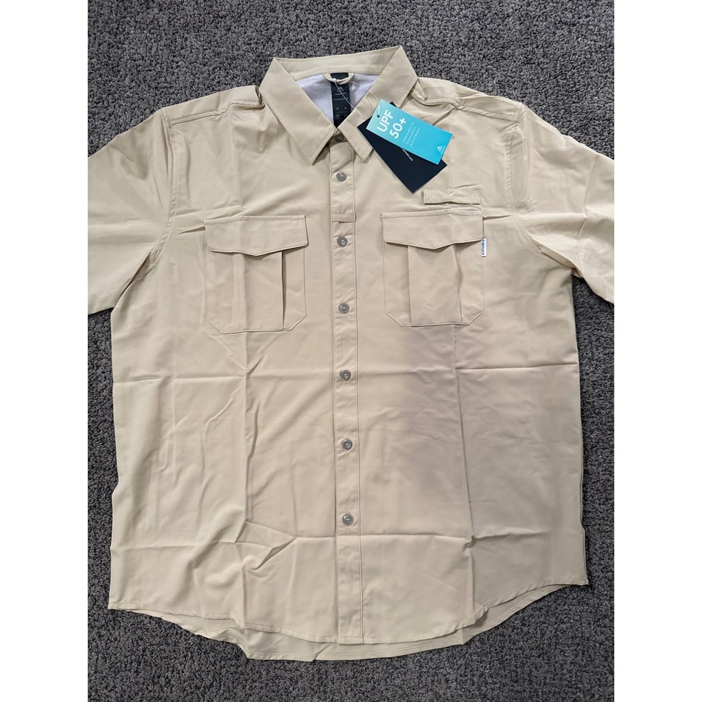 Haimont Mens XL Fishing Shirt Tan Short Sleeve UPF 50+ Sun Protection Hiking New